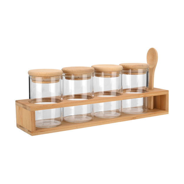 ΔΟΧΕΙΑ ΜΠΑΧΑΡΙΚΩΝ ΓΥΑΛΙΝΑ ΣΕΤ 5 ΤΕΜ 27×6.5×12.5cm ΜΕ ΒΑΣΗ BAMBOO ΚΑΙ ΚΟΥΤΑΛΙ  ESTIA 01-28206